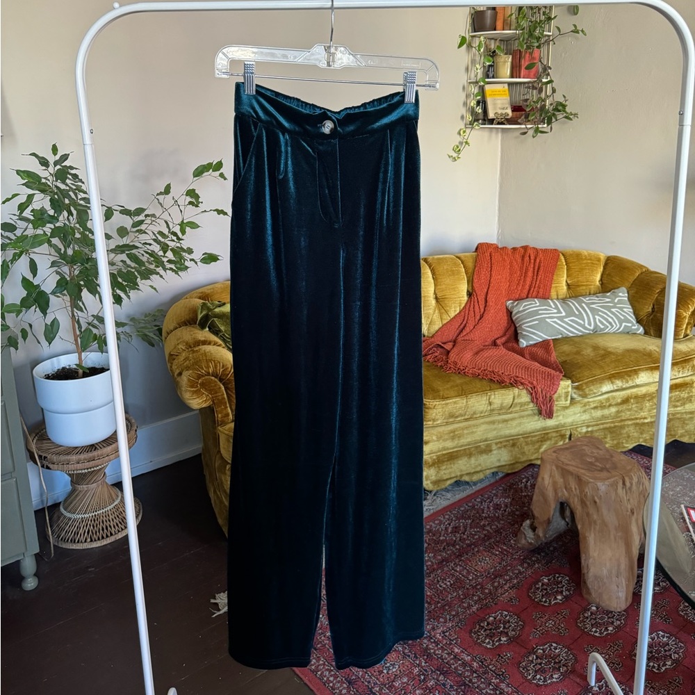 Vollure evergreen crushed velvet high waist trousers with tortoise button XS
